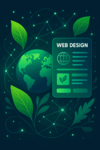 Eco-friendly sustainable web design concept combining green leaves, globe, and digital screens.